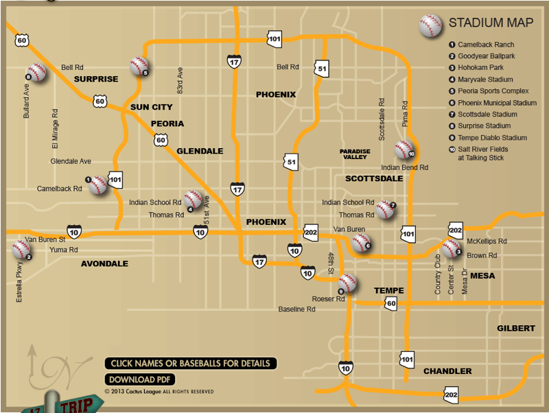 Map of Phoenix-area Spring Training sites provided by the Cactus League.